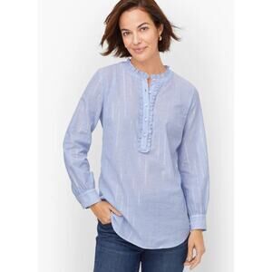 Talbots Womens L Blue White Forest Stripe Ruffle Popover Shimmer Blouse Pullover
